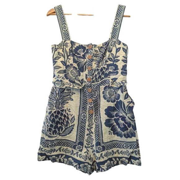 FARM Rio Pants - Farm Rio Blue Pineapple Floral Button Front Smocked Back Romper Small SN 300714